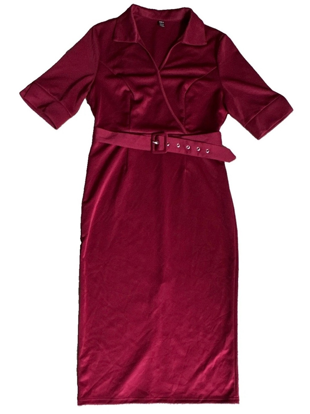 SHEIN Burgundy Solid Sheath Collared Short Sleeve Knit Stretch Midi Dress XL